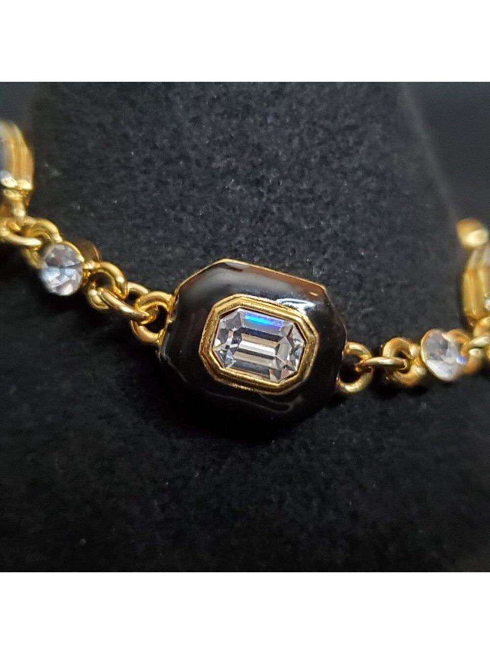 Vintage Monet Bracelet Gold Tone Black Enamel Rhinestone Art Deco Revival 6.25"